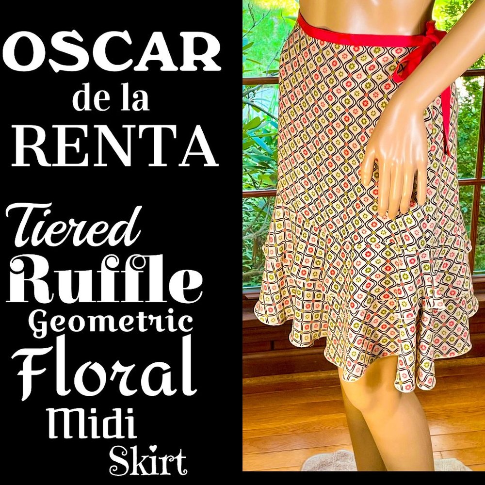 ⭐️HP⭐️OSCAR de la RENTA▪️Tiered Ruffle Geometric Floral Midi Skirt